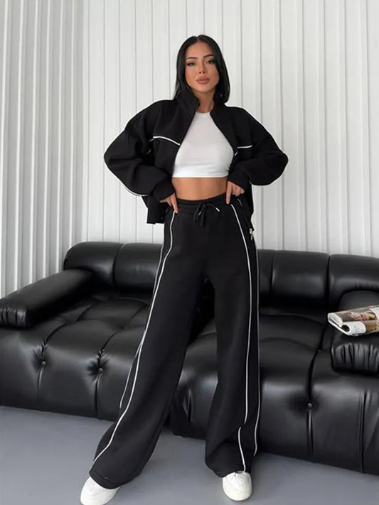 Women Sweatsuits Set Autumn Winter Stripe Hoodies Set Crop Sweatshirt And Pants Set Casual Two-Piece Set Sportswear Jogging Suit