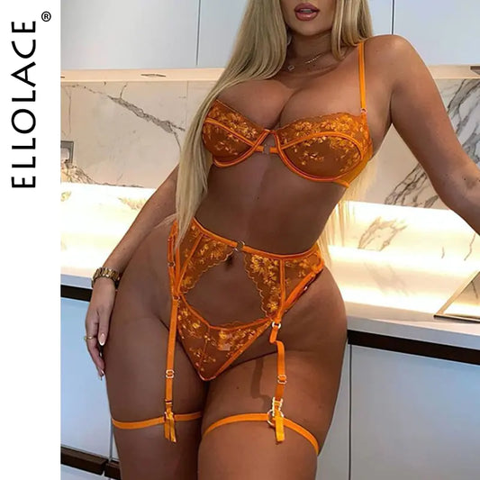 Ellolace Orange Lingerie Set - Sexy Transparente 3-Piezas