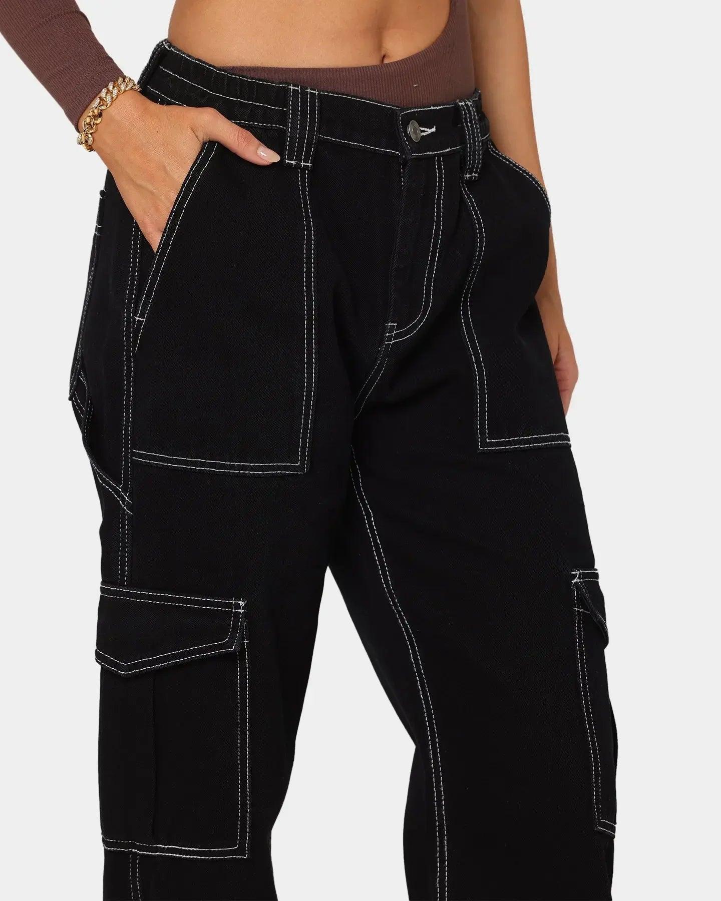 Wide-Leg Denim Pants Streetwear Workwear Multi-Bag Jeans Trend High Waist Cargo Jeans Women Elastic Waist Loose Denim Trousers