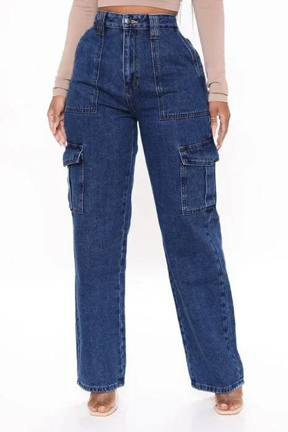 Wide-Leg Denim Pants Streetwear Workwear Multi-Bag Jeans Trend High Waist Cargo Jeans Women Elastic Waist Loose Denim Trousers