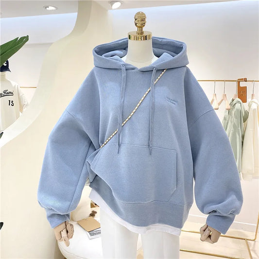 Women Solid Hoodies Sweatshirts Loose Long Sleeve Tops Casual Sporty Thick Warm Ladies Pockets Hooded Pullover Sweatshirt