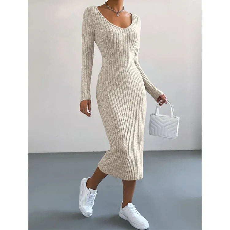 Women's Fashion Knitted U-neck Long-sleeved Tight-fitting Dress