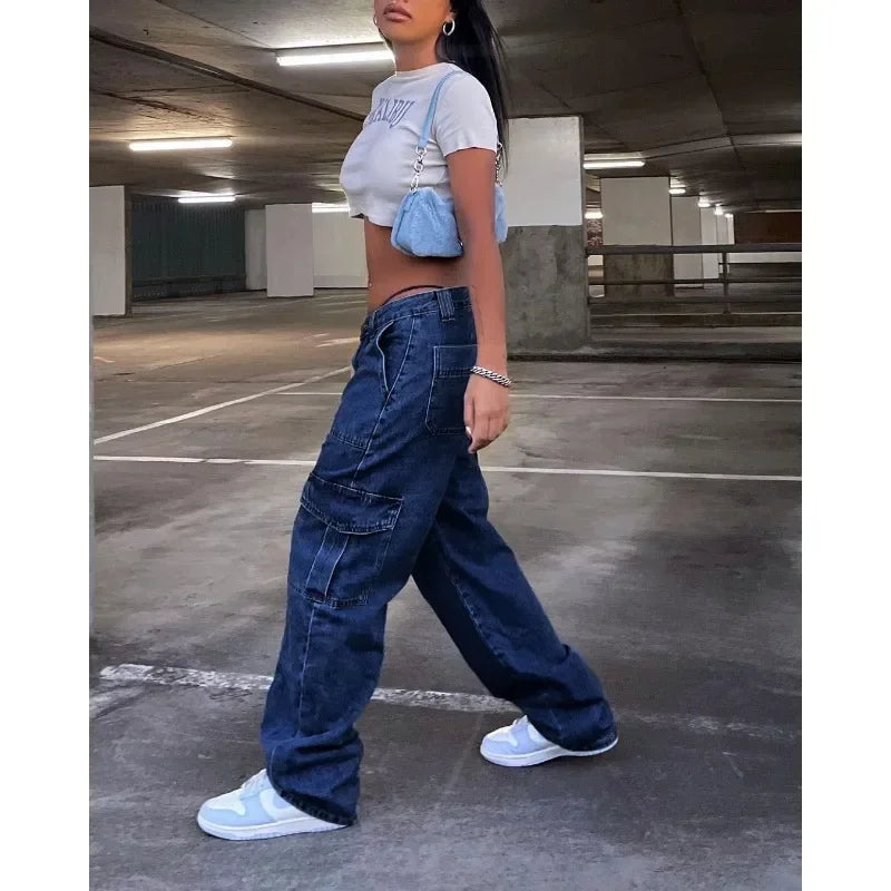 Wide-Leg Denim Pants Streetwear Workwear Multi-Bag Jeans Trend High Waist Cargo Jeans Women Elastic Waist Loose Denim Trousers