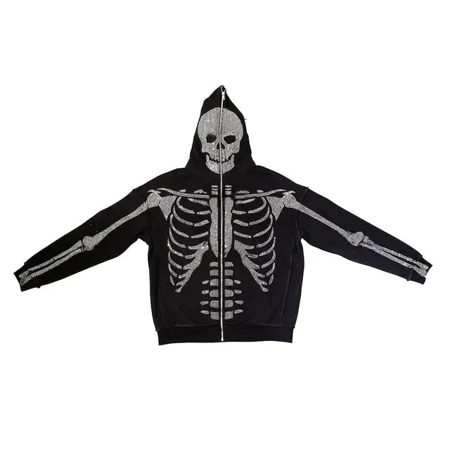 Skeleton Rhinestone Hoodie Cyber Y2K