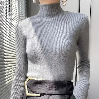 Women's Sweater Half High Neck Knitted Pullover Korean Version Slim Long Sleeve Solid Knitted Tops 