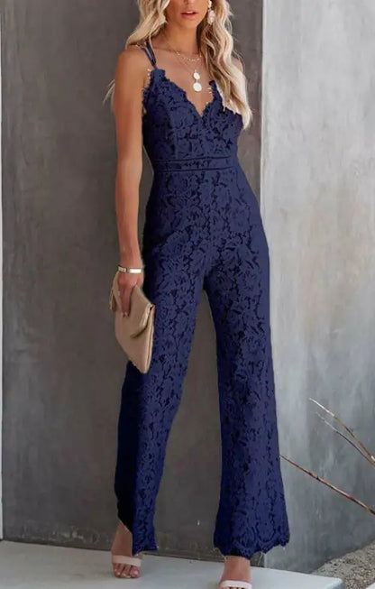 Women's Casual Lace Sleeve Solid Skinny Jumpsuit