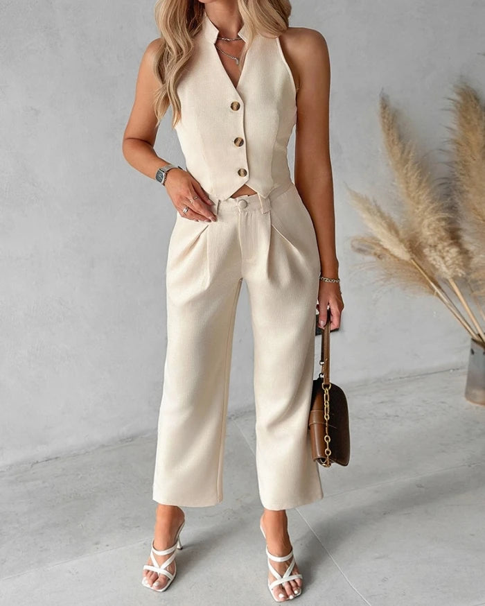 Women's Elegant Buttoned Vest Top &amp; Straight Leg Pants Set Female Casual Clothes Temperament Commuting Summer Women Fashion Sets 