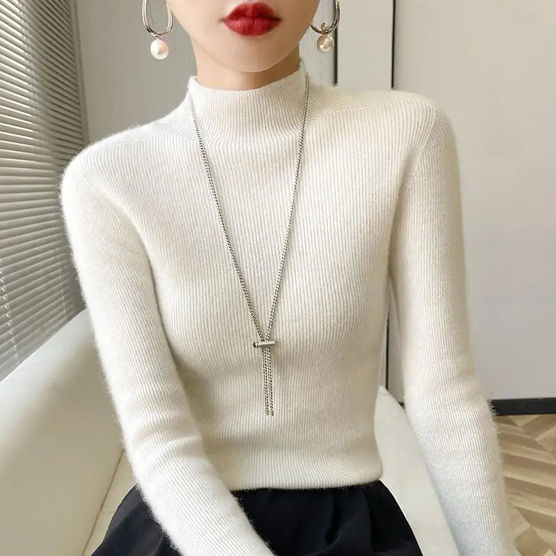 Women's Sweater Half High Neck Knitted Pullover Korean Version Slim Long Sleeve Solid Knitted Tops 