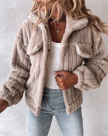 Women's Coat Winter Solid Color Warm Casaul Coat Turn-Down Collar Buttoned Long Sleeved Teddy Jacket Thick Fur Coat 