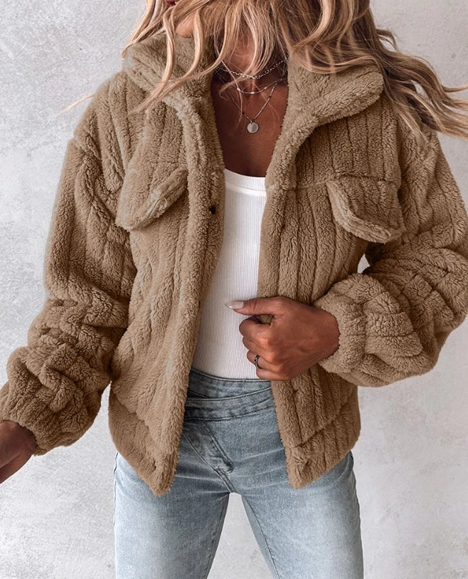 Women's Coat Winter Solid Color Warm Casaul Coat Turn-Down Collar Buttoned Long Sleeved Teddy Jacket Thick Fur Coat 