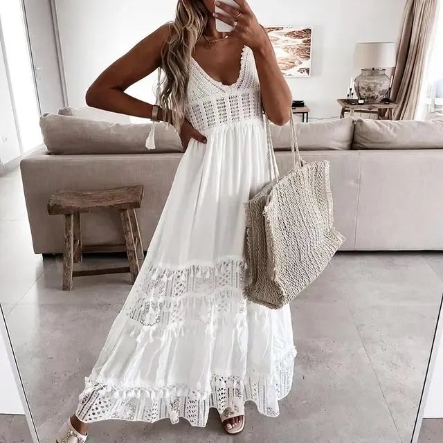 Vestido de Verano de Encaje con Hombros Descubiertos