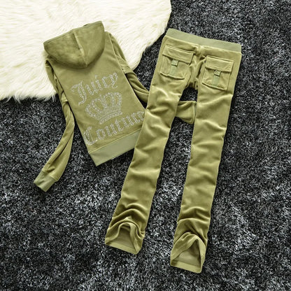 Women Velvet Letter Rhinestone Tracksuit Set BM Hoodies and Full Zip Sweatpants Two Piece Outfit Set