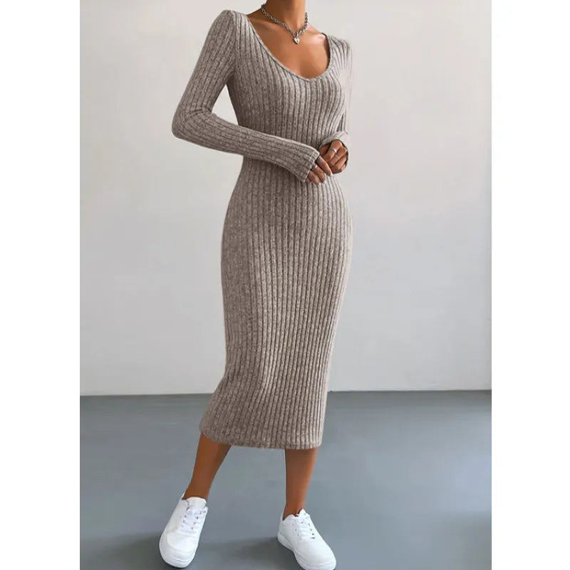 Women's Fashion Knitted U-neck Long-sleeved Tight-fitting Dress