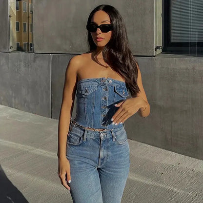 Solid Denim Button Vest Crop Top