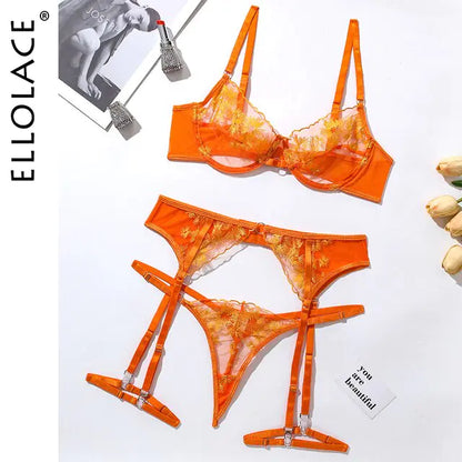 Ellolace Orange Lingerie Set - Sexy Transparente 3-Piezas