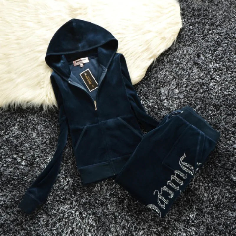 Women Velvet Letter Rhinestone Tracksuit Set BM Hoodies and Full Zip Sweatpants Two Piece Outfit Set