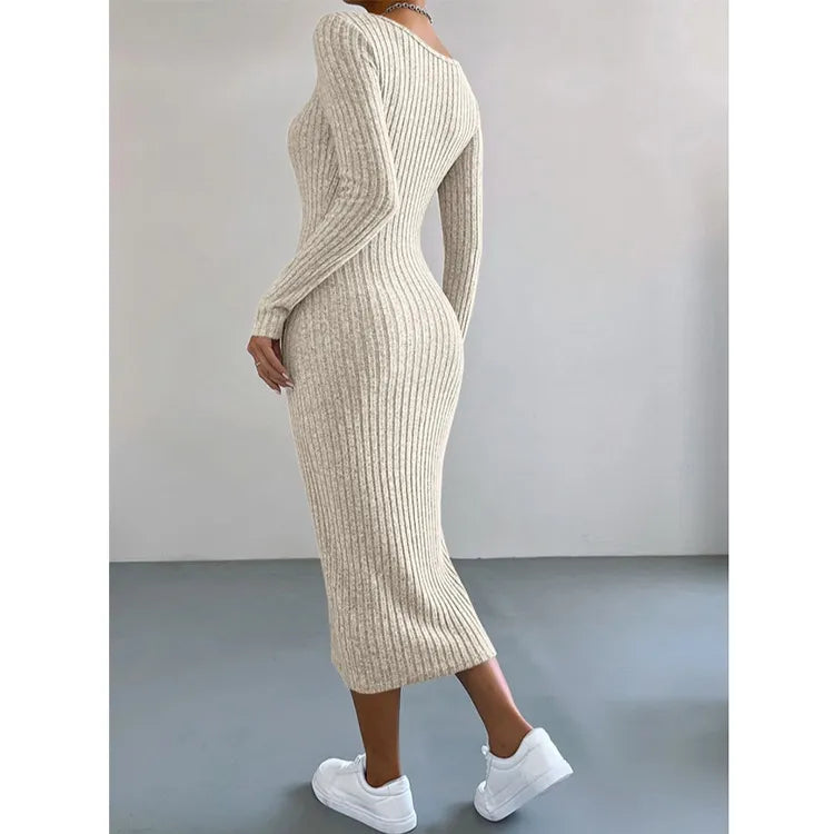 Women's Fashion Knitted U-neck Long-sleeved Tight-fitting Dress