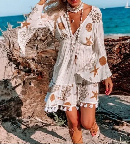 Long Sleeve V-Neck Bohemian Dress