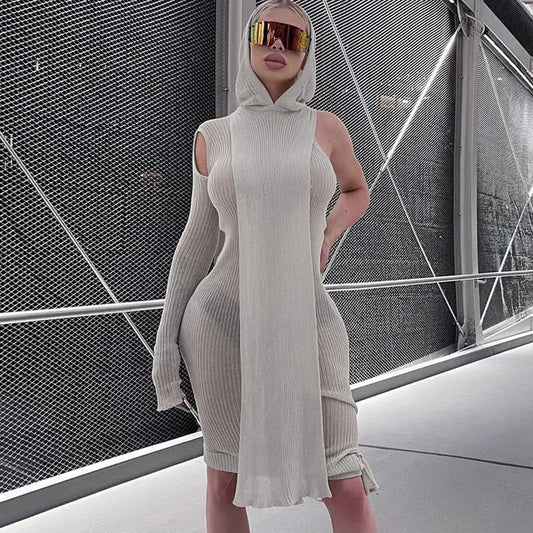 One-sleeved fitted dress made of fabric