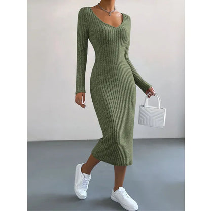 Women's Fashion Knitted U-neck Long-sleeved Tight-fitting Dress