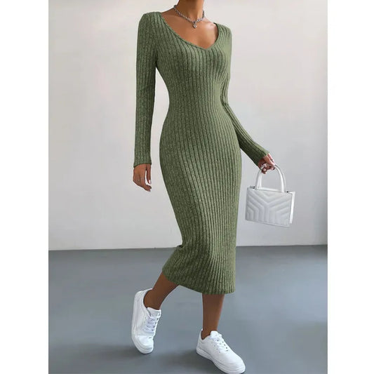 Women's Fashion Knitted U-neck Long-sleeved Tight-fitting Dress