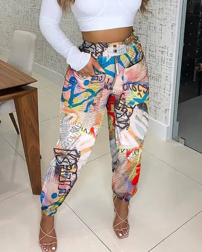 Autumn Newspaper Print High Waist