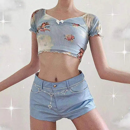 Cupid and angel print V-neck crop top