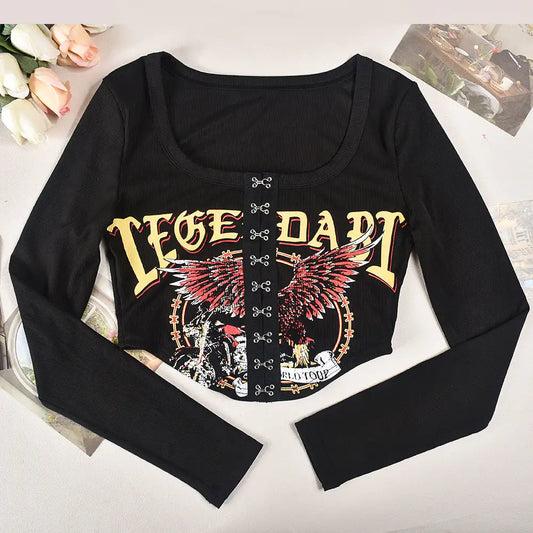 Legendary Long Sleeve Ribbed Print Crop Top