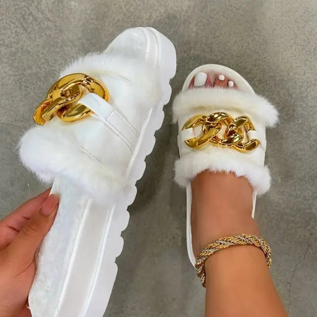 Zapatillas de pelo con cadena para mujer