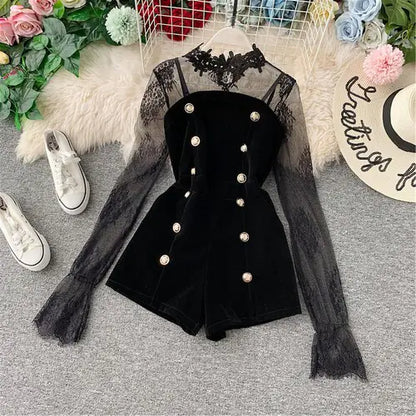 Jumpsuit Women Romper Long Sleeve Bodysuit Lace Patchwork