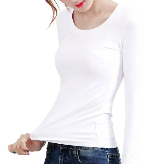 Women Thermal Shirt Velvet Lined Women's Thermal Tops Round Neck Long Sleeve Tee Shirt for Winter Slim Fit Solid Color Warm 