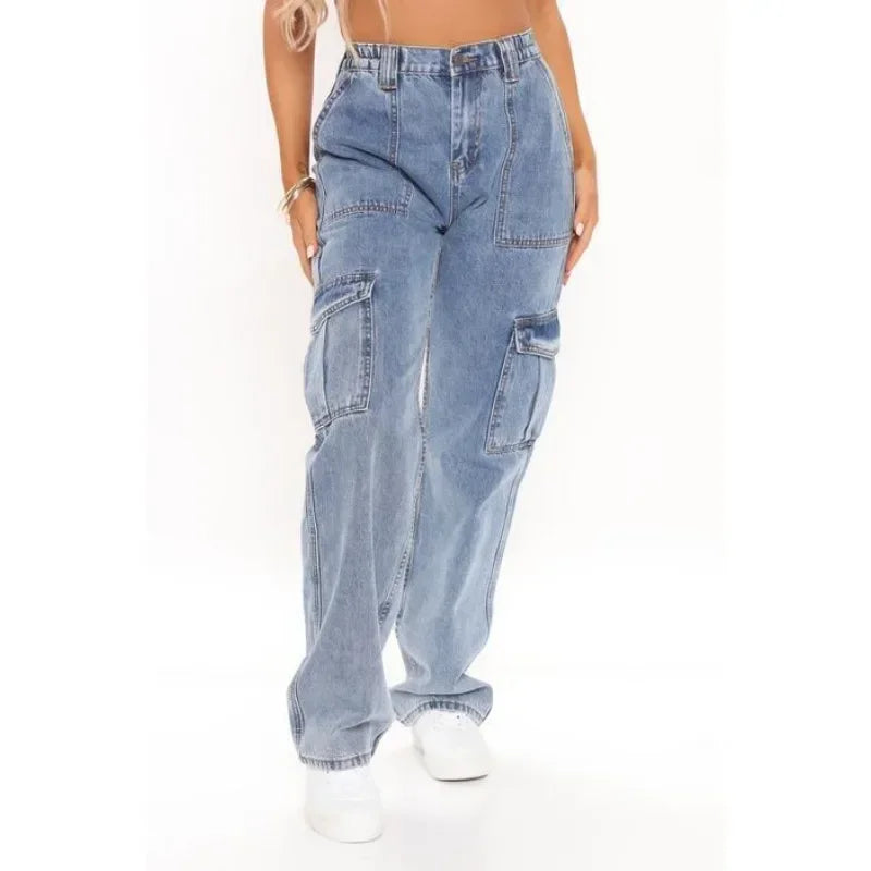 Wide-Leg Denim Pants Streetwear Workwear Multi-Bag Jeans Trend High Waist Cargo Jeans Women Elastic Waist Loose Denim Trousers