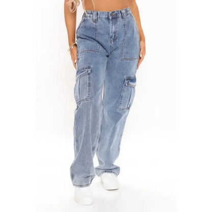 Wide-Leg Denim Pants Streetwear Workwear Multi-Bag Jeans Trend High Waist Cargo Jeans Women Elastic Waist Loose Denim Trousers