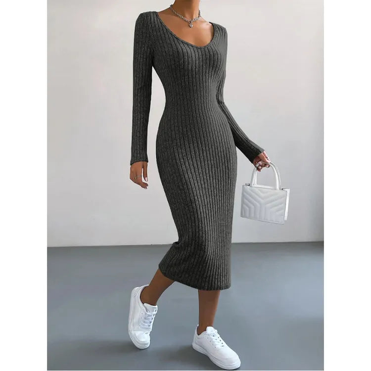 Women's Fashion Knitted U-neck Long-sleeved Tight-fitting Dress