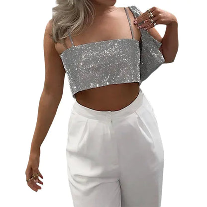 Women Sexy Crop Top Backless Bling Metallic Shiny