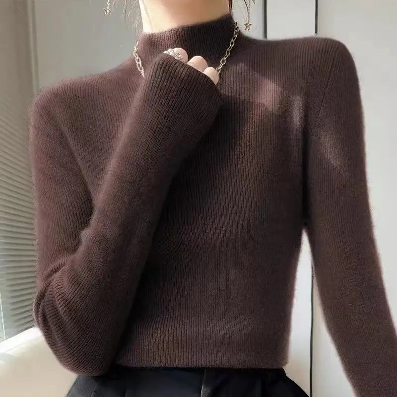 Women's Sweater Half High Neck Knitted Pullover Korean Version Slim Long Sleeve Solid Knitted Tops 