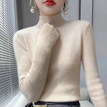 Women's Sweater Half High Neck Knitted Pullover Korean Version Slim Long Sleeve Solid Knitted Tops 