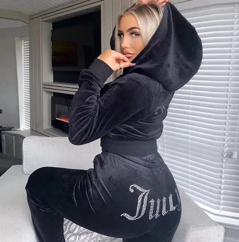 Women Velvet Letter Rhinestone Tracksuit Set BM Hoodies and Full Zip Sweatpants Two Piece Outfit Set