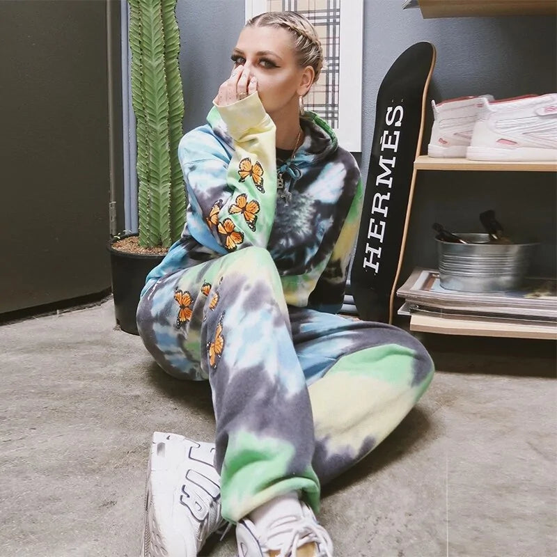 Butterfly Print Tie-Dye Tracksuit Chic Sportswear