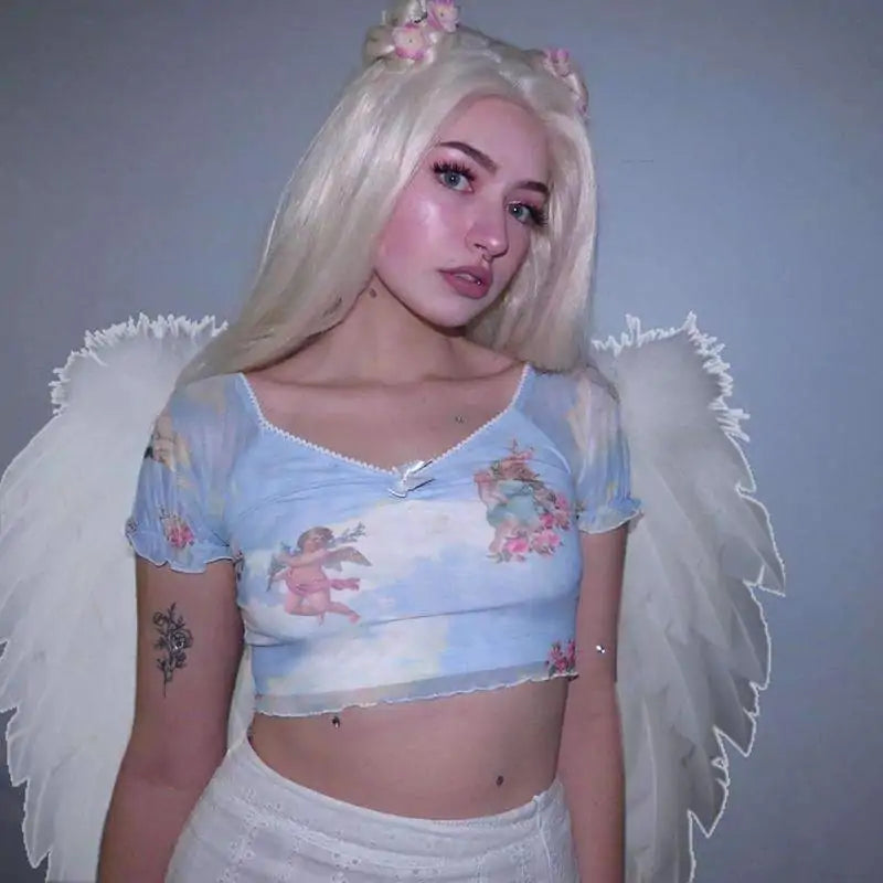 Cupid and angel print V-neck crop top