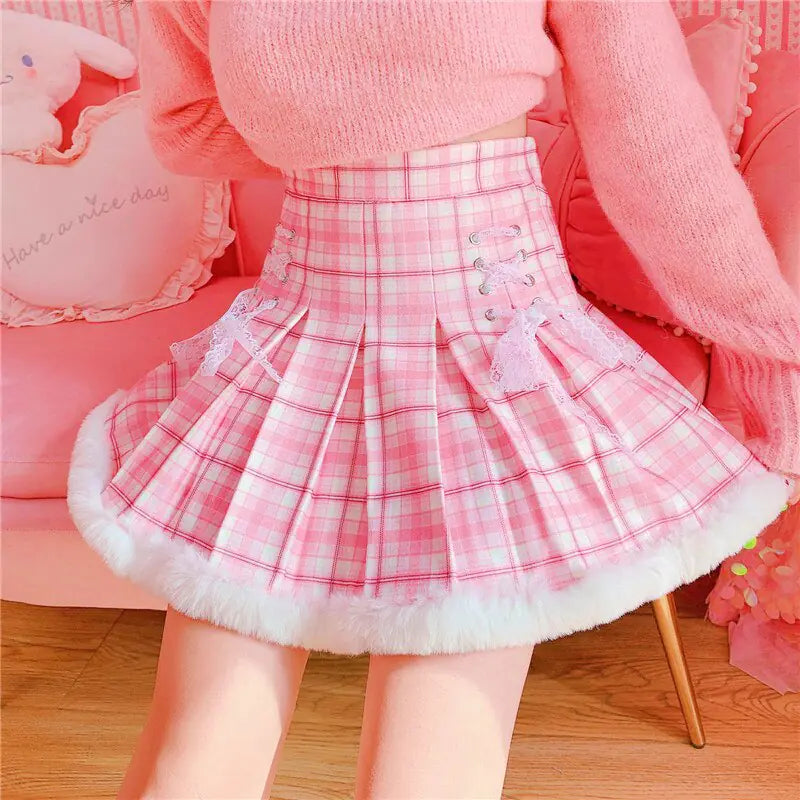 Winter Kawaii Pleated Mini Skirt Women