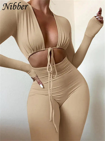 Nibber V-Neck Long Sleeve Bodycon Jumpsuit