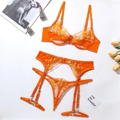 Ellolace Orange Lingerie Set - Sexy Transparente 3-Piezas