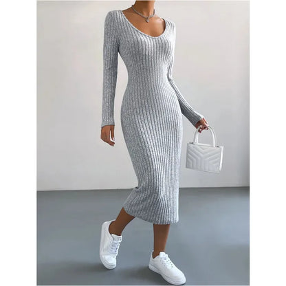 Women's Fashion Knitted U-neck Long-sleeved Tight-fitting Dress