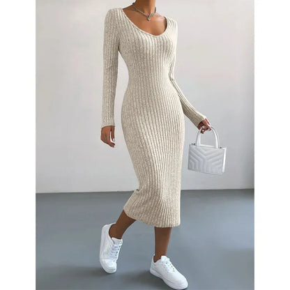 Women's Fashion Knitted U-neck Long-sleeved Tight-fitting Dress