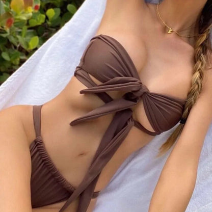 Bikini Vendaje de Color Sólido con Diseño Hueco