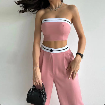 Women's two-piece set with tube top and long pants in contrasting colors