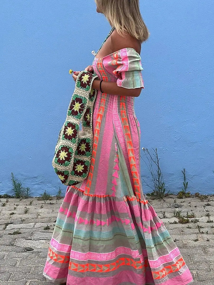 Y2k Long Dress 2023 New In Women Boho Geometric Color Block