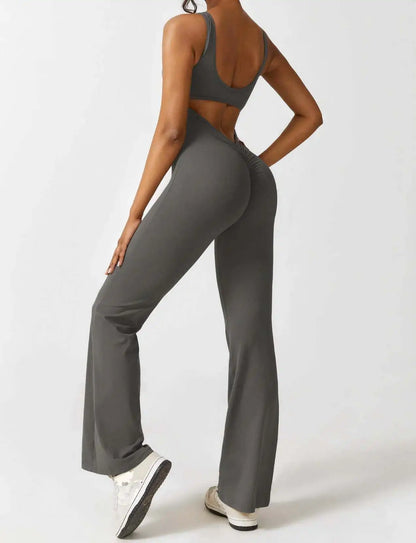 Women's Sports Style Hollow Back Bodysuit Yoga Jumpsuit with Chest Pad