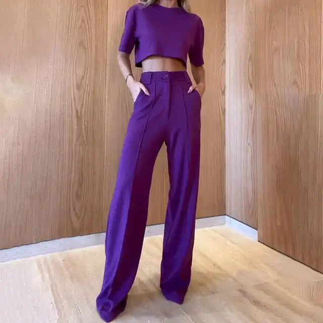 Women's Two Piece Outfit Solid Top and Loose Pants with Pockets